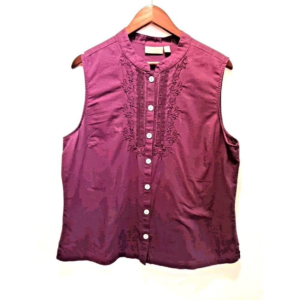 Croft & Barrow XL Purple Linen Blend Embroidered Sleeveless Button Front Blouse